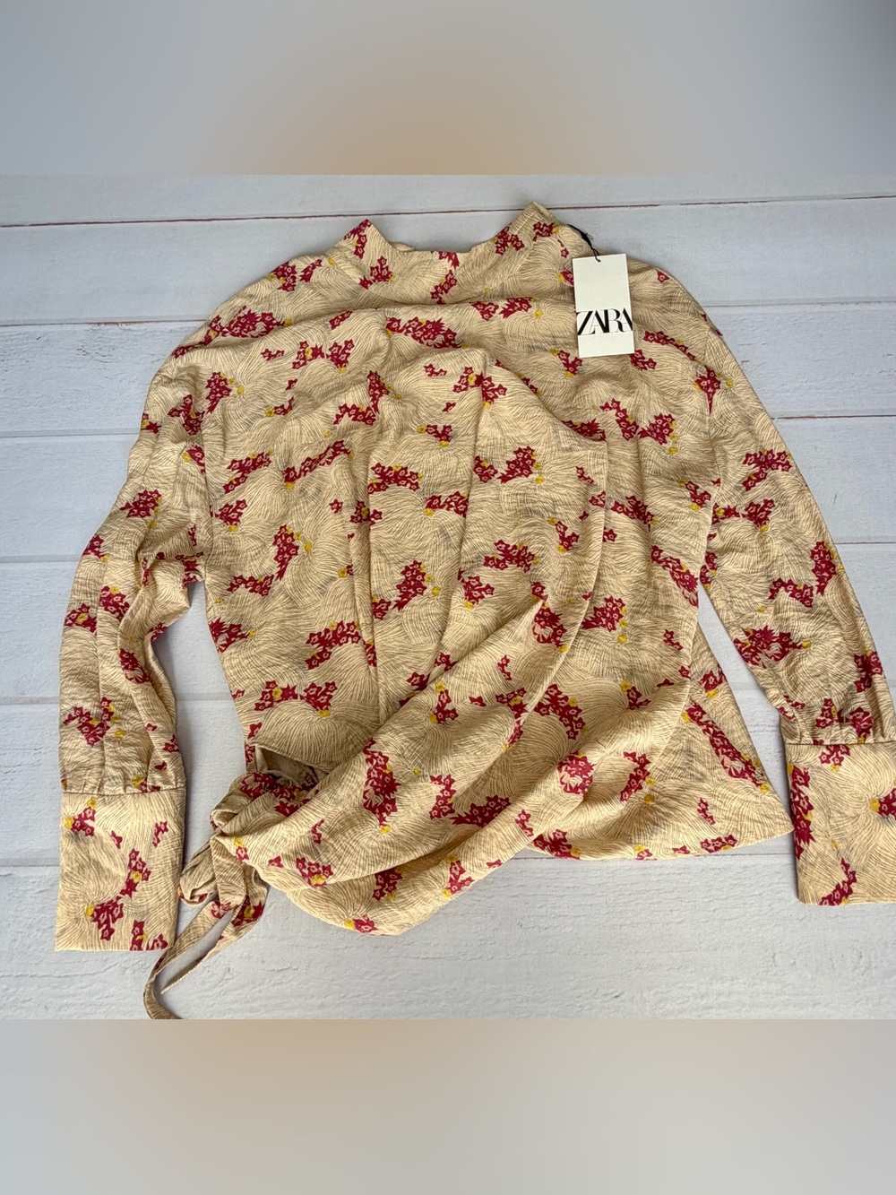 NWT Zara Floral Wrap Tie Blouse Top XS Beige Red Long Sleeve Linen Blend Boho - Picture 11 of 11